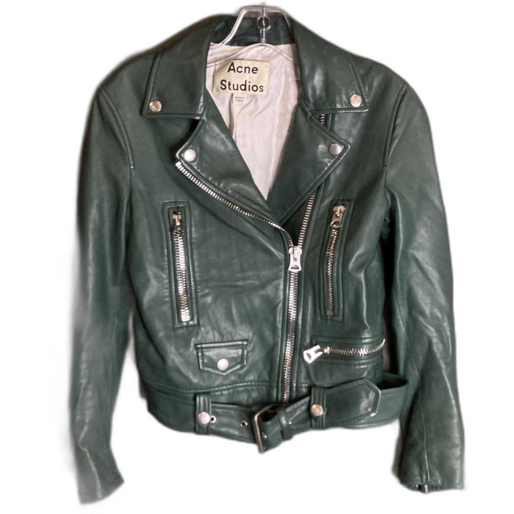 Acne Studios Women's Mock Light PUS15 Green Leather Moto Jacket COA Size 32